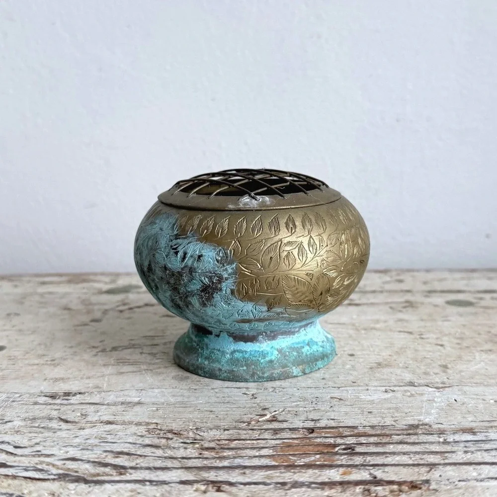 Vintage Etched Brass Rose Bowl Flower Frog Verdigris Patina Leaf Pattern 4in
